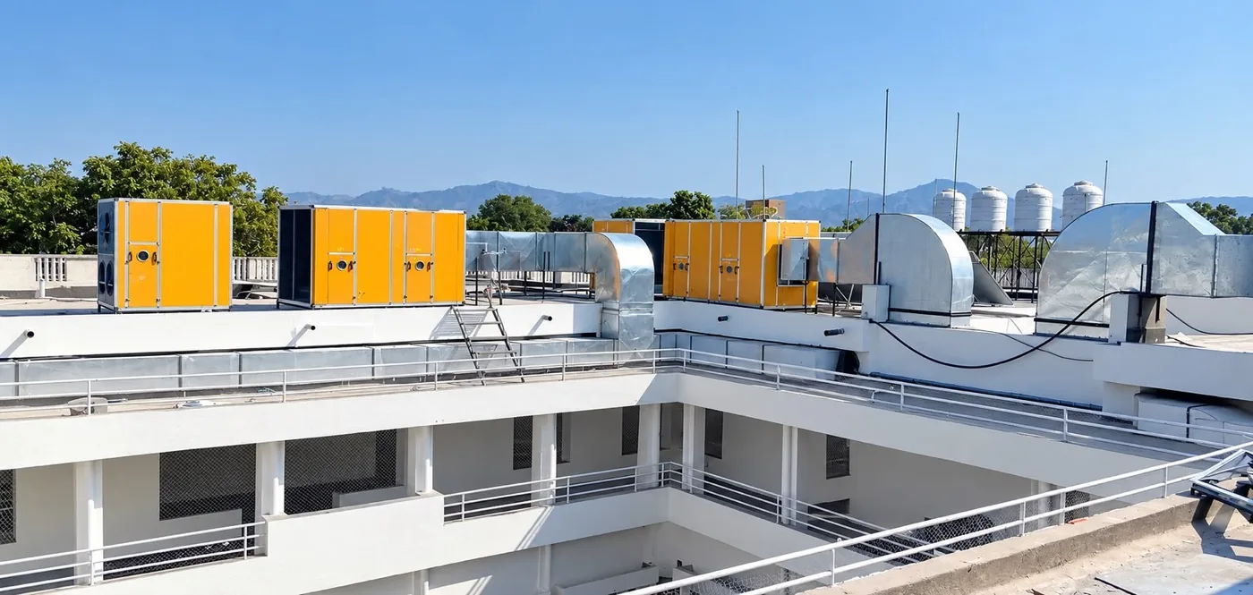 Rooftop air handling units and ducting installed on a building
